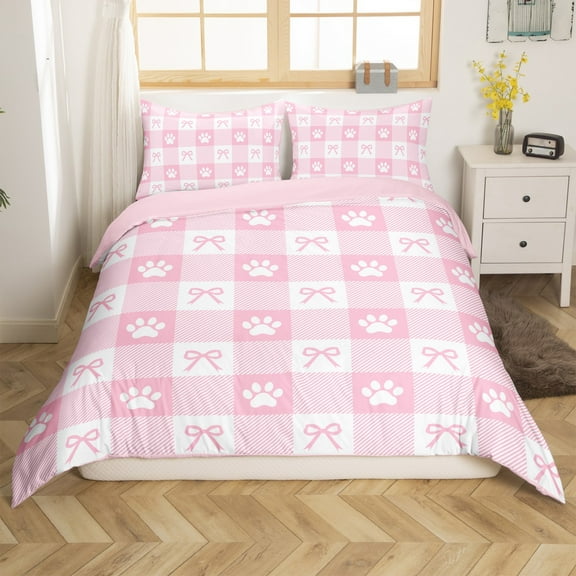 Dog Paw Duvet Cover Set Twin Size,Pink Geometric Plaids Princess Style Bow Patchwork Bedding Set, Room Decor,Cartoon Animal Footprint Kawaii Bowknot Quilt Cover,No Comforter