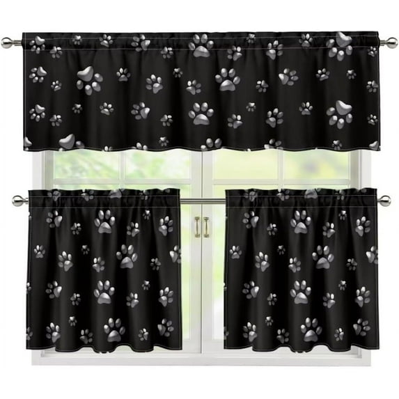 Dog Paw Kitchen Curtain Valance and Tiers Set Washroom Filters Light Short & Long Tier Curtain for Living Room,Black