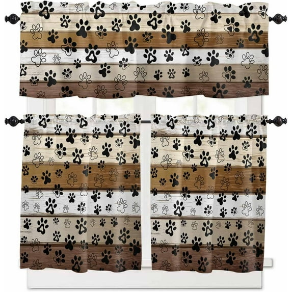 Dog Paw Kitchen Curtains and Valances Set, Farmhouse Wood Grain Rod Pocket Window Valance 18 Inch Vintage Brown Board Window Curtain Panels for Living Room Bedroom Laundry, 27.5x24in, 3 Pieces