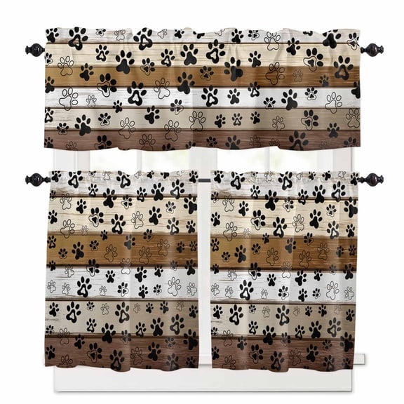 Dog Paw Kitchen Curtains Valances and Tiers Set of 3, Vintage Brown Board 24 Inch Length Tier Curtains and Valance Rod Pocket Valance Curtains Set for Kitchen Bathroom Small Windows
