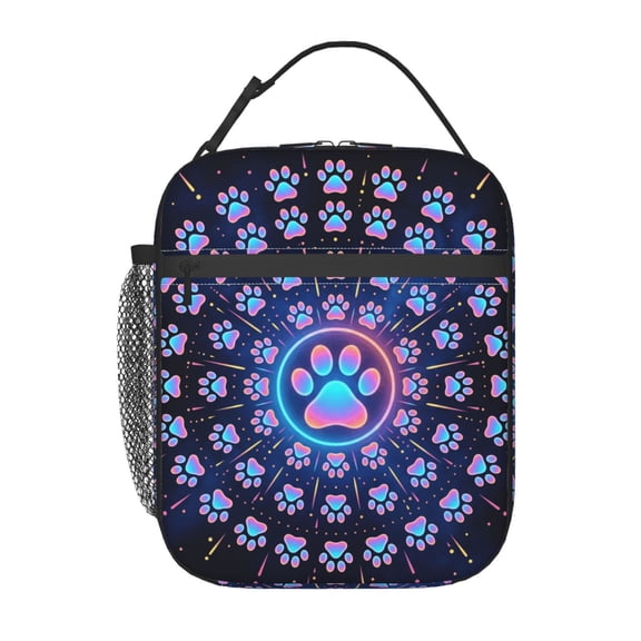 Dog Paw Lunch Box, Cosmic Mandala Glow Print Insulated Lunch Bag For Workplace Travel, Portable Leakproof Thermal Meal Carrier, Zen Pet Theme