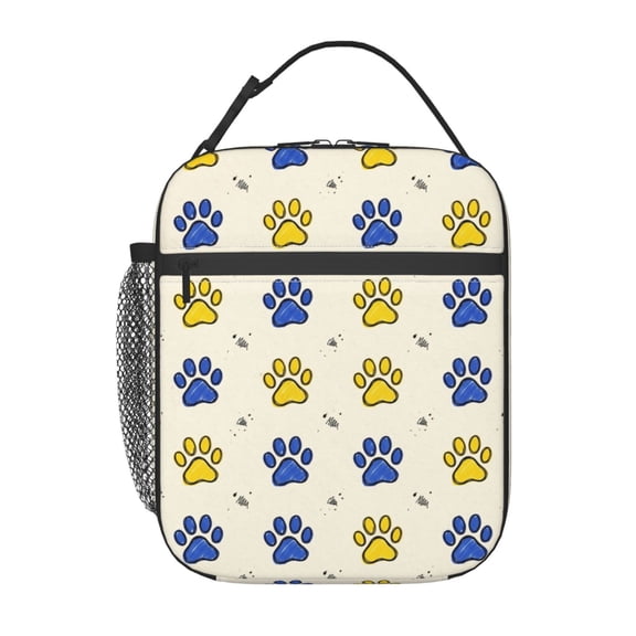 Dog Paw Lunch Box Lunch Bag - Yellow Blue Hand Drawn Print Insulated Reusable Thermal Cooler Tote - Portable Lunch Container Work Travel Gym