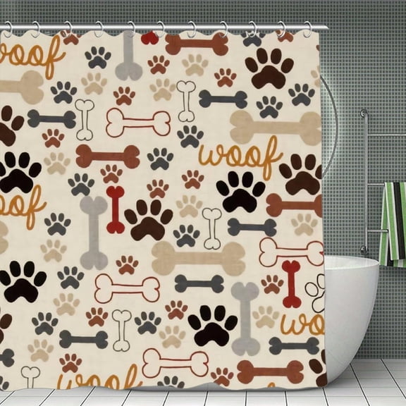 Dog Paw Print And Bone Shower Curtain，Washable Waterproof Bathroom Shower Curtain Set With Hooks,71x71 Inch