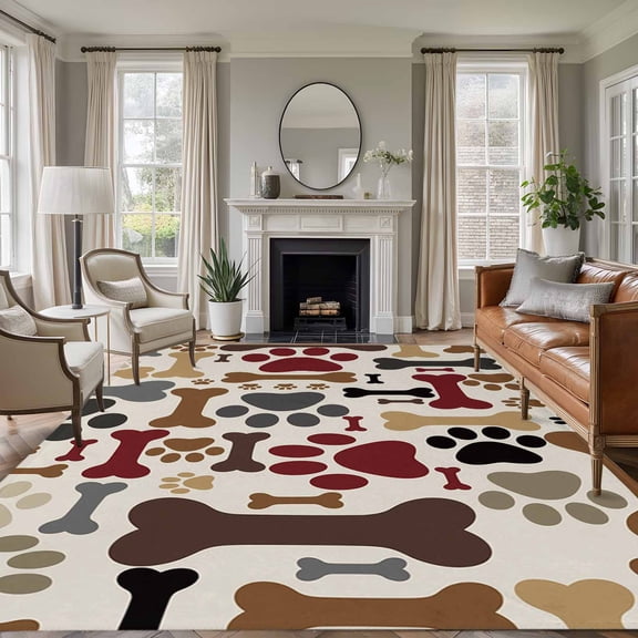 Dog Paw Print Area Rug 5x8 Washable Rug Non Slip Cartoon Red Brown Animals Paw Bones Large Area Rug Soft Stainresistant Indoor Floor Carpet for Living Room Bedroom Home Office Dining Room Nursery