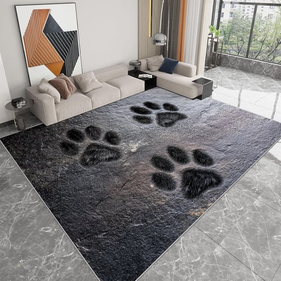 Dog Paw Print Area Rugs, Black Dog Paw Prints Carpet, Washable Non Slip Low Pile Soft Rug for Living Room Kitchen Bathroom Playroom Decor Mat 5x8ft