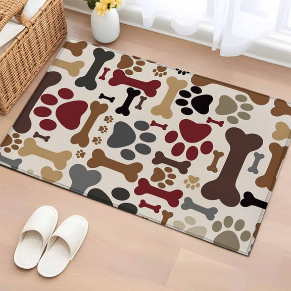 Dog Paw Print Bathroom Rug Washable 2x3 Entryway Rug Non Slip Cartoon Red Brown Animals Paw Bones Front Door Mat Low Pile Indoor Doormat Throw Floor Carpet for Kitchen Bedroom Entrance