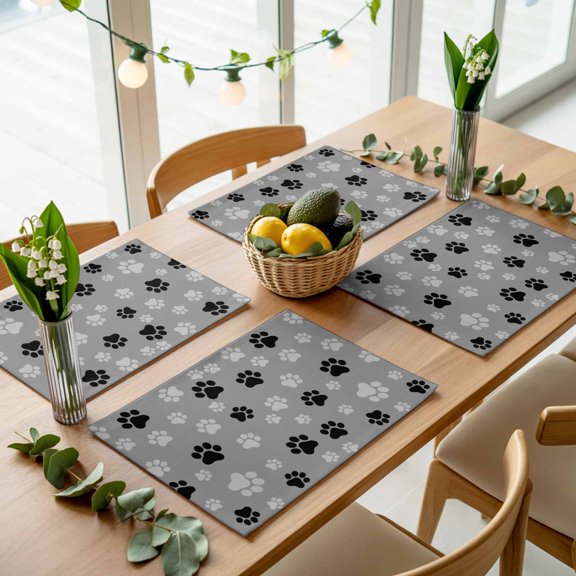 Dog Paw Print Black Gray Placemats Set of 4,Wipeable Washable Table Mats for Dining Tables, Animal Footprint Pattern Place Mats for Kitchen Event Party Tabletop Decor