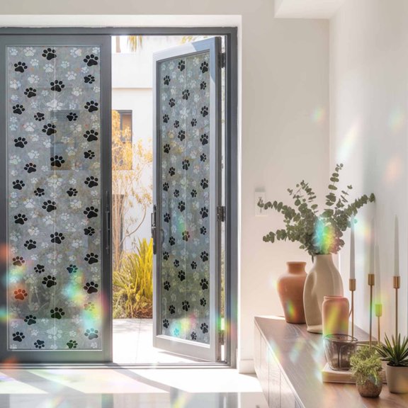 Dog Paw Print Black Gray Window Privacy Film, Rainbow Film Decorative Window Sticker 23.6x78.7in, Animal Footprint Pattern Sun Blocking Static Stained Glass Cling Tint Non-Adhesive