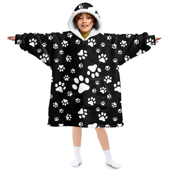 Dog Paw Print Black Pattern Lamb Fleece Blanket Hoodies for Teens ,Teens Oversize Sherpa Wearable Hooded Blanket Sweatshirt with Super Pockets
