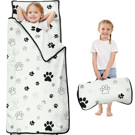 Dog Paw Print Black and Gray White Teens Toddler Nap Mat with Pillow, Sleeping Mat Bag for Preschool Daycare 60"x20"