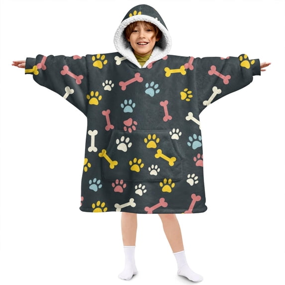 Dog Paw Print and Bones Black Pattern Lamb Fleece Blanket Hoodies for Teens ,Teens Oversize Sherpa Wearable Hooded Blanket Sweatshirt with Super Pockets