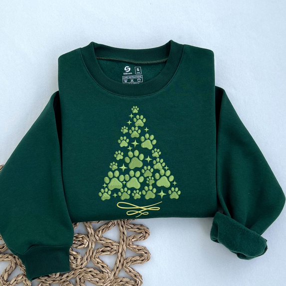 Dog Paw Print Christmas Tree Embroidered Sweatshirt: Dog Lover Holiday Gift | Cute Dog Paw Sweatshirt