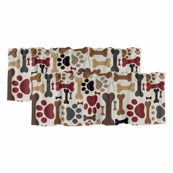Dog Paw Print Curtain Valances for Windows, Kitchen Valance Window Treatments Panel 2 Pack, Cartoon Red Brown Animals Paw Bones Rod Pocket Short Curtains for Bathroom Bedroom 42 x 12 Inch