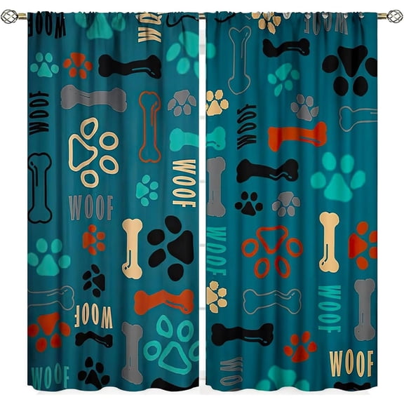Dog Paw Print Curtains, Blue Cartoon Dog Paw and Bones Window Treatment Thermal Insulated Curtain for Kids Living Room Bedroom 2 Panels Set, 52x84 inch