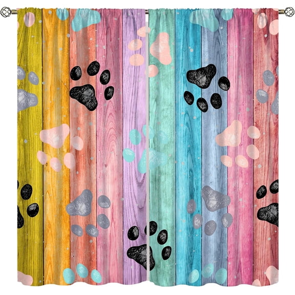 Dog Paw Print Curtains, Cute Dog Paw Print Animal Print Pattern On Rustic Colored Wooden Panel, Blackout Curtains for Kids Boys Girls Bedroom Living Room,52X84 Inch