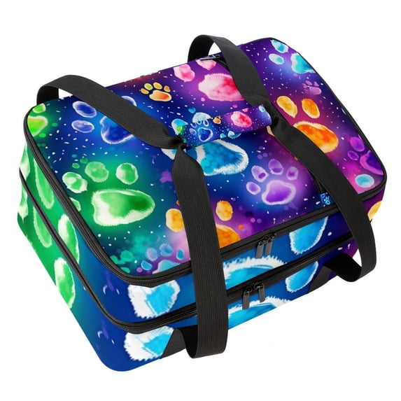 Dog Paw Print Double Layered Insulated Lunch Bag with Two Compartments and Large Capacity - 7.1x11.4x16.1 Inches Hand-Carry Refrigerated Meal Bag