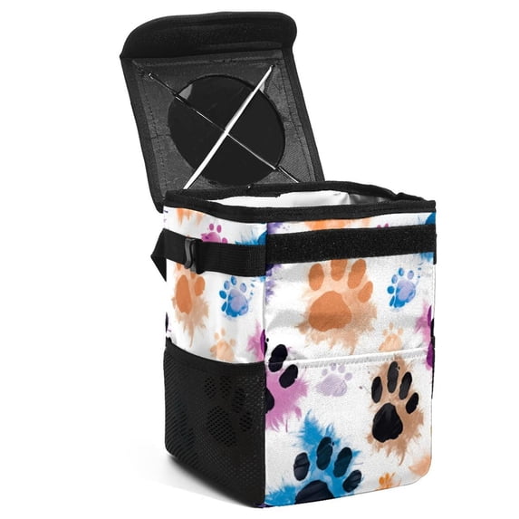 Dog Paw Print Foldable Car Trash Can Mini Trash Can with Lid Leak-Proof Hanging Storage Bag - Car Garbage Can