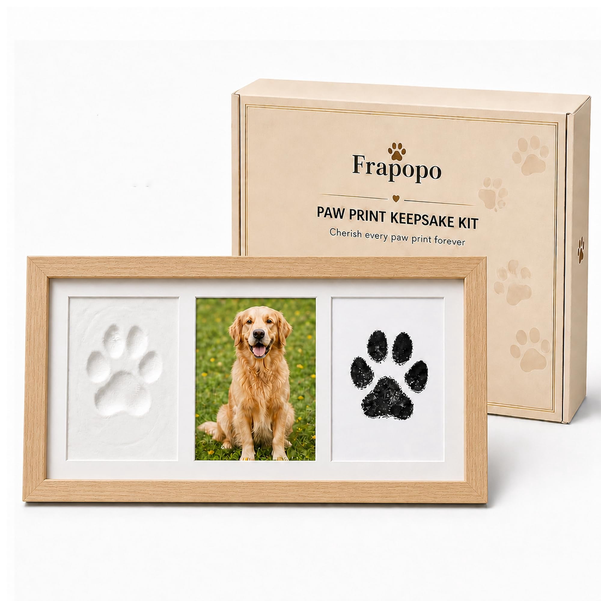Dog Paw Print Frame Kit, Non-Toxic Clay & No Mess Ink Pad Pet Memorial DIY Gift (Black)