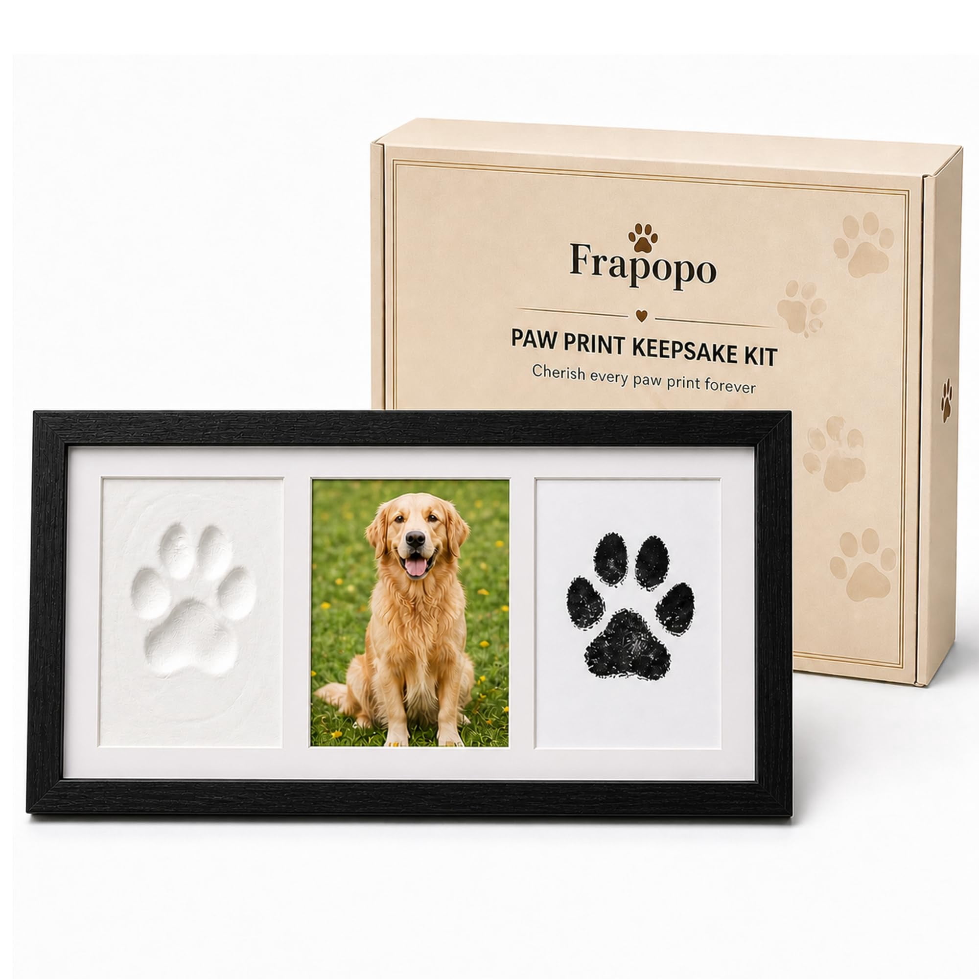 Dog Paw Print Frame Kit, Non-Toxic Clay & No Mess Ink Pad Pet Memorial DIY Gift (Black)