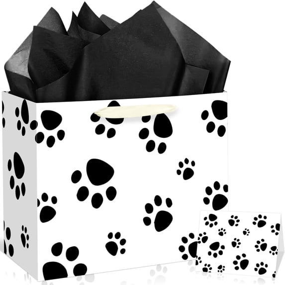 Dog Paw Print Gift Bags Christmas Paw Print Paper Bags Paw Them Wrapping Bag with Tissue Paper Cards for Girl Boy Kids Dog Themed Birthday Baby Shower Party Supplies