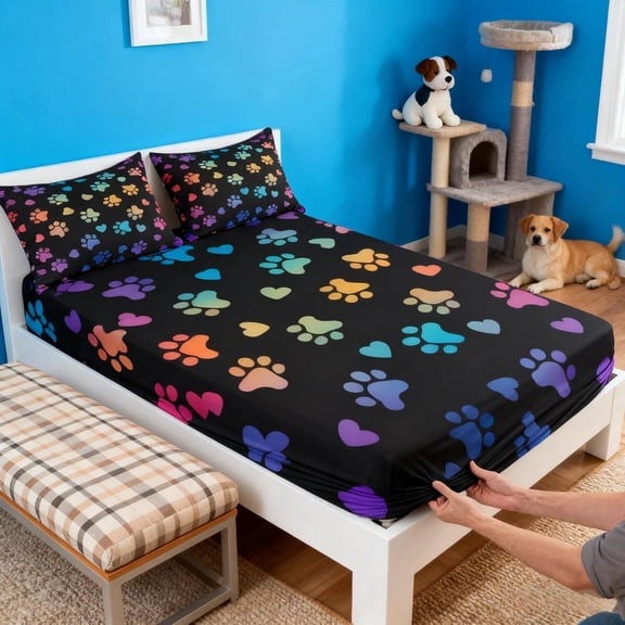 Dog Paw Print Kids Fitted Sheet Twin Size,Animal Pet Neon Bedding Set,Girls Boys Adults Home Bedroom Decor,Puppy Kawaii Cartoon Bed Cover,Colorful Rainbow Bed Sheet,3pcs,2 Pillowcase