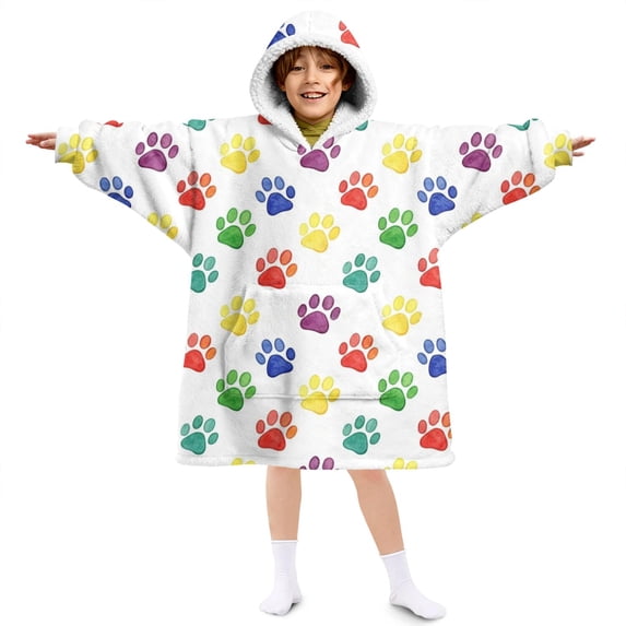 Dog Paw Print Multicolor White Pattern Lamb Fleece Blanket Hoodies for Teens ,Teens Oversize Sherpa Wearable Hooded Blanket Sweatshirt with Super Pockets