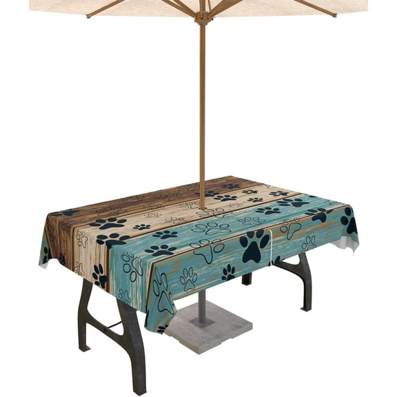 Dog Paw Print Outdoor Tablecloth - 60x84 Inch Rectangle Dining Table Cover, Rustic Teal Brown Beige Wooden Farmhouse Waterproof Outdoor Table Cloth with Umbrella Hole & Zipper for Picnic/Patio/Party