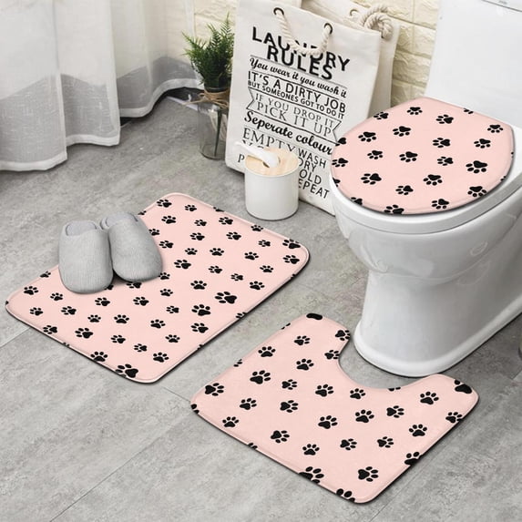 Dog Paw Print Pink Pattern 3 Piece Bathroom Rug Set, Non Slip Absorbent ...