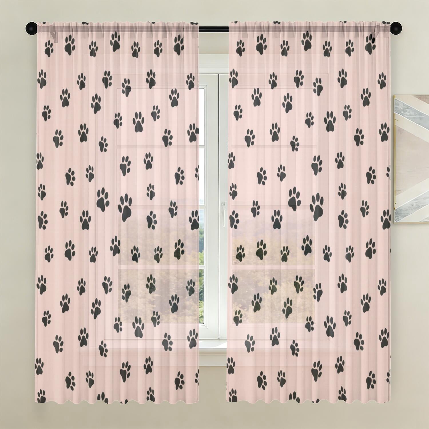 Dog Paw Print Pink Pattern Sheer Curtains, Rod Pocket Sheer Drapes with ...