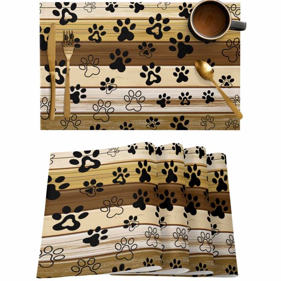 Dog Paw Print Placemats Set of 4,Wipeable Washable Table Mats for Dining Tables,Farm Vintage Brown Wood Board Place Mats for Kitchen Event Party Tabletop Decor