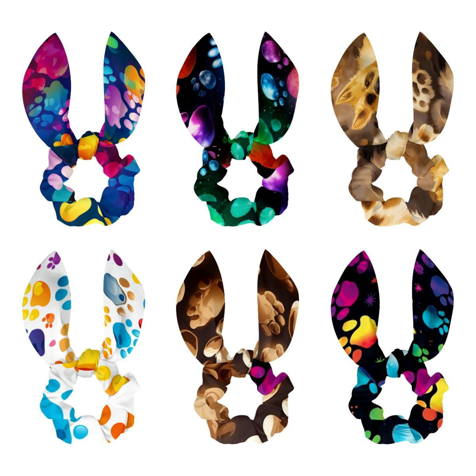 Dog Paw Print Polyester Hair Tie 6Piece Set with Detachable Bow Rabbit