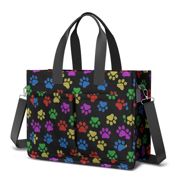 Dog Paw Print Rainbow Black Pattern Canvas Messenger Tote Bag, Work Tote with Multi Pockets & Removable Strap, Durable Canvas Gifts for Women Men Teacher Nurse