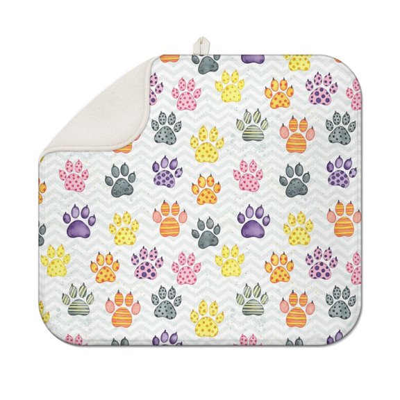 Dog Paw Print Rainbow Chevron Pattern 1 Pack Kitchen Dish Drying Mat, Ultra Absorbent Microfiber Dish Drainer Mat, 16"x18"