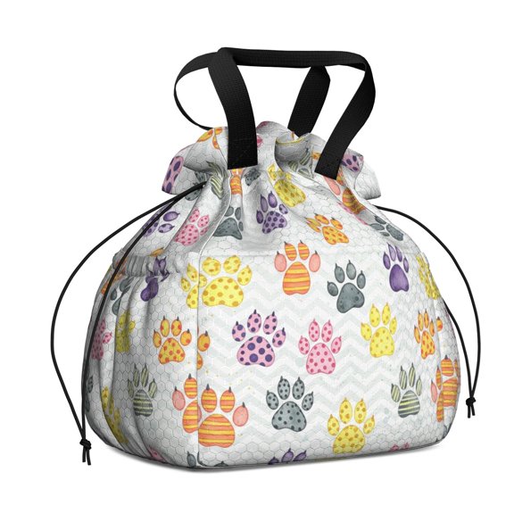 Dog Paw Print Rainbow Chevron Pattern Drawstring Insulated Lunch Bag for Women, Stain-Resistant Large Lunch Tote with Multi-Pockets for Work Office