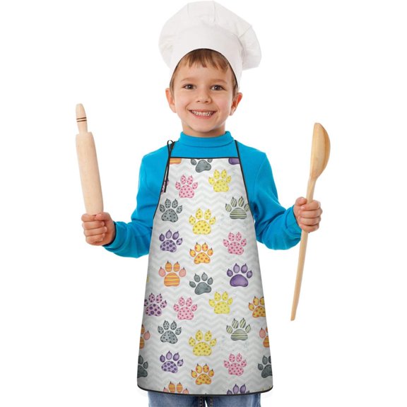 Dog Paw Print Rainbow Chevron Pattern Teens Aprons, Adjustable Neck Strap, Toddler & Teens Aprons for Cooking & Baking, 19x23.6 Inches