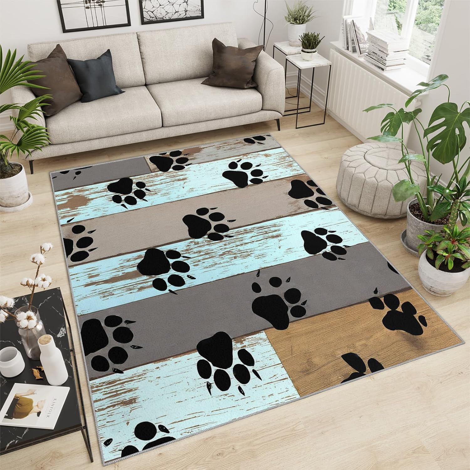 Dog Paw Print Rugs Strip Wood Grain Carpet Black Footprints Area Carpet ...