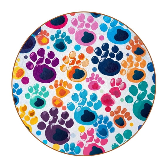 Dog Paw Print Set of 6 Round Microfiber Leather Coasters, 11x11 cm/4.3x4.3 in Drink Coasters for Home and Office, Heat, Stylish Table Mats