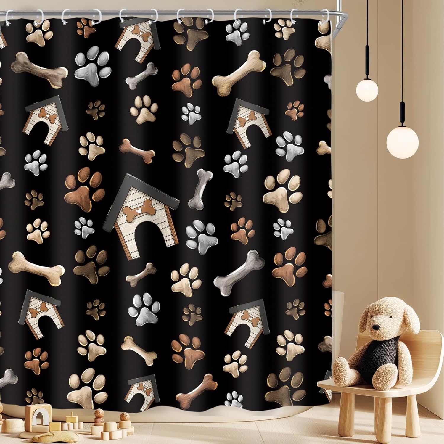 Dog Paw Print Shower Curtain Cute Lovely Cartoon Funny Bones Houses for ...