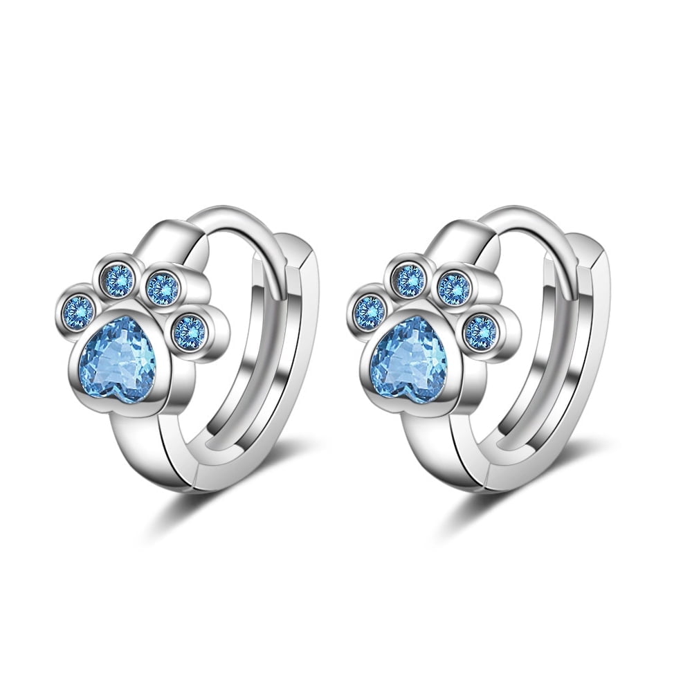 Dog Paw Print Small Hoop Earrings for Women Cartilage Blue Crystal Puppy Cat Kitten Animal Pet Huggie Hoops Earring