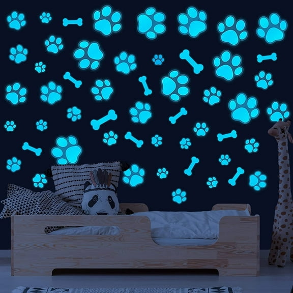 Neasyth Glow in The Dark Dog Paw Print Kit Wall Decals, Dog Paw Bone Wall Stickers Animal Footprint Decal for Kids Bedroom