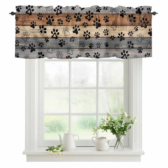 Dog Paw Print Valances for Windows, Rod Pocket Kitchen Valance Curtains - Soft & Washable Small Window Treatment for Living Room, Bathroom, Retro Brown G热u Wood Grain 42x12inch, 1 Panel