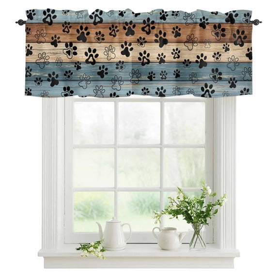 Dog Paw Print Valances for Windows, Rod Pocket Kitchen Valance Curtains - Soft & Washable Small Window Treatment for Living Room, Bathroom, Retro Brown Mist Blue Wood Grain 42x12inch, 1 Panel