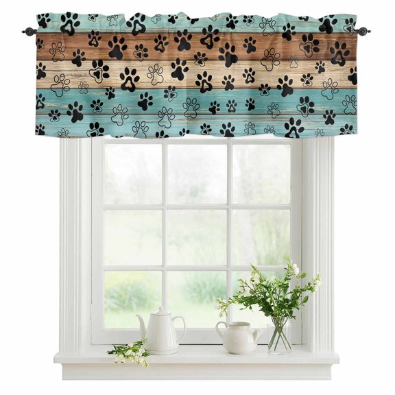 Dog Paw Print Valances for Windows, Rod Pocket Kitchen Valance Curtains - Soft & Washable Small Window Treatment for Living Room, Bathroom, Retro Brown Turquoise Wood Grain 42x12inch, 1 Panel
