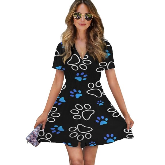 Dog Paw Print Women Dress V-Neck Short Sleeve Flowy Swing Party Midi Dress