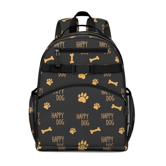 Dog Paw Print and Bone Black Backpack for School, Cute School Bag with Adjustable Shoulder Straps and Padded Back, 15.25"x11.5"x5.25"