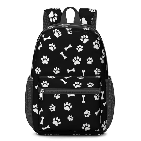 Dog Paw Print and Bone Black Pattern 17" School Backpacks for Teens,Waterproof Oxford Fabric,S-Shape Padded Straps for School,Travel,Hiking,Camping