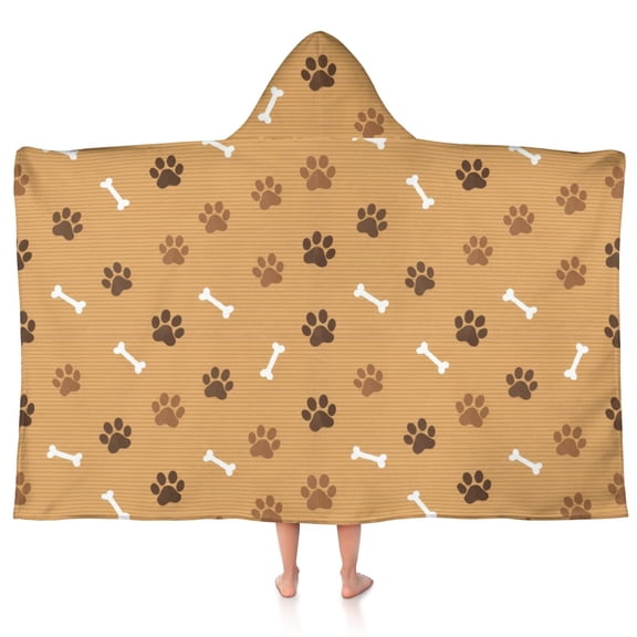 Dog Paw Print and Bone Brown Teens Hooded Bath Towel Wrap for Ages 3 To 12,Quick Dry Lightweight Soft Microfiber Bath Beach Pool,50"x30"
