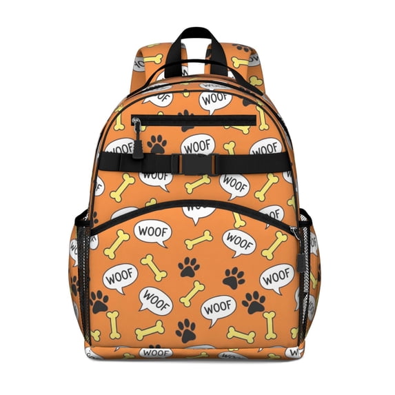 Dog Paw Print and Bone Orange Pattern Cute School Backpack Bag for School with Padded Back and Adjustable Shoulder Straps 15.25"x11.5"x5.25"