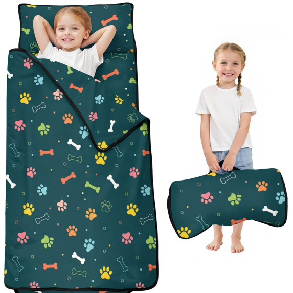 Dog Paw Print and Bone Teal Pattern Teens Toddler Nap Mat with Pillow, Sleeping Mat Bag for Preschool Daycare 50"x20"