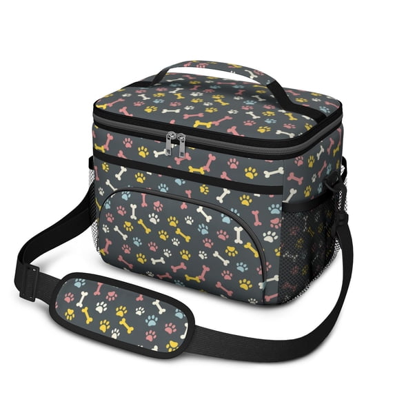 Dog Paw Print and Bones Black Pattern Insulated Lunch Box for Women Men, Medium Leakproof Cooler Bag with Adjustable Strap, 10"x6.7"x8"